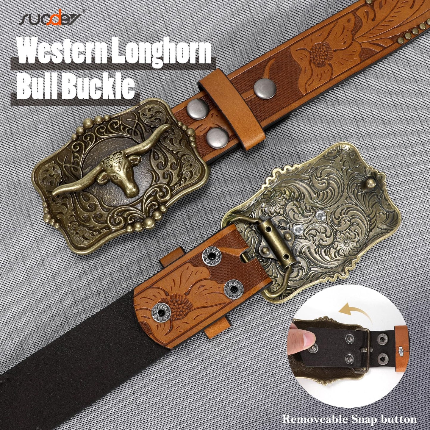 SUOSDEY Women Western Leather Belt, Cowboy Cowgirl Belt for Jeans Pants Longhorn Bull Big Buckle Belt brown