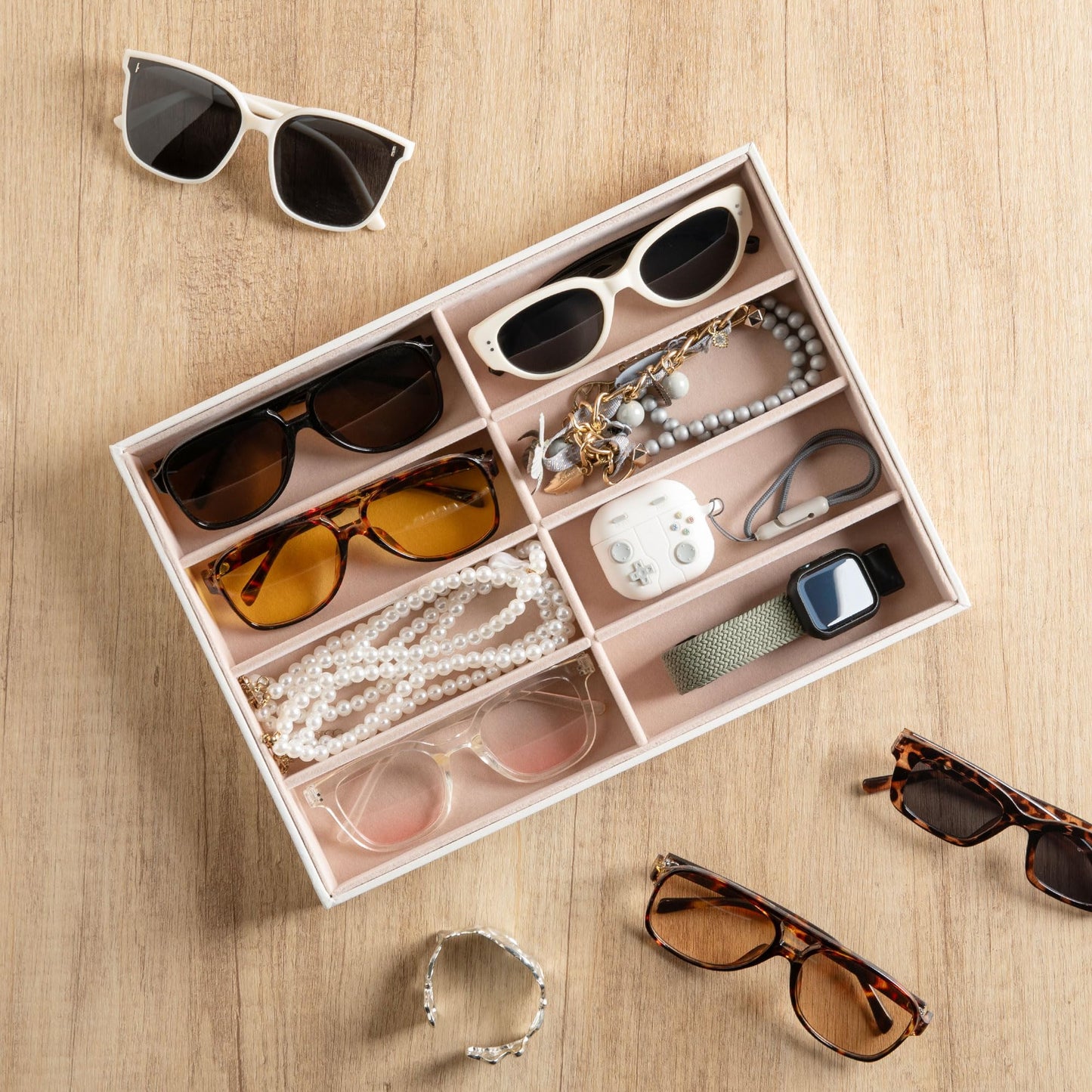 Frebeauty Sunglass Organizer,PU Leather Glasses Organizer,8-Slot Sunglasses Tray,Men's/Women's Sunglasses Box,Sunglass Case,13.3 x 9.6 x 1.5 Inches,Eyeglass/Eyewear Display Tray(Grey)