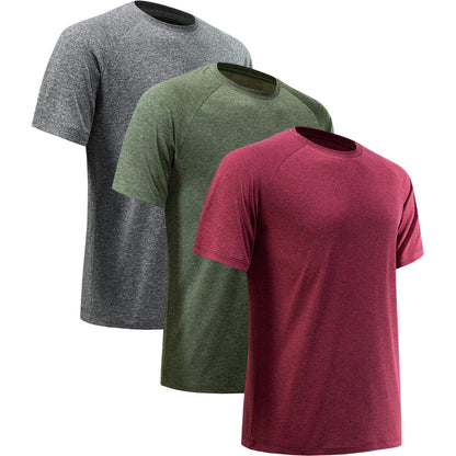 MCPORO Workout Shirts for Men Short Sleeve Quick Dry Athletic Gym Active T Shirt Moisture Wicking 3 Pack Dark Grey, Army Green, Wine Red XX-Large