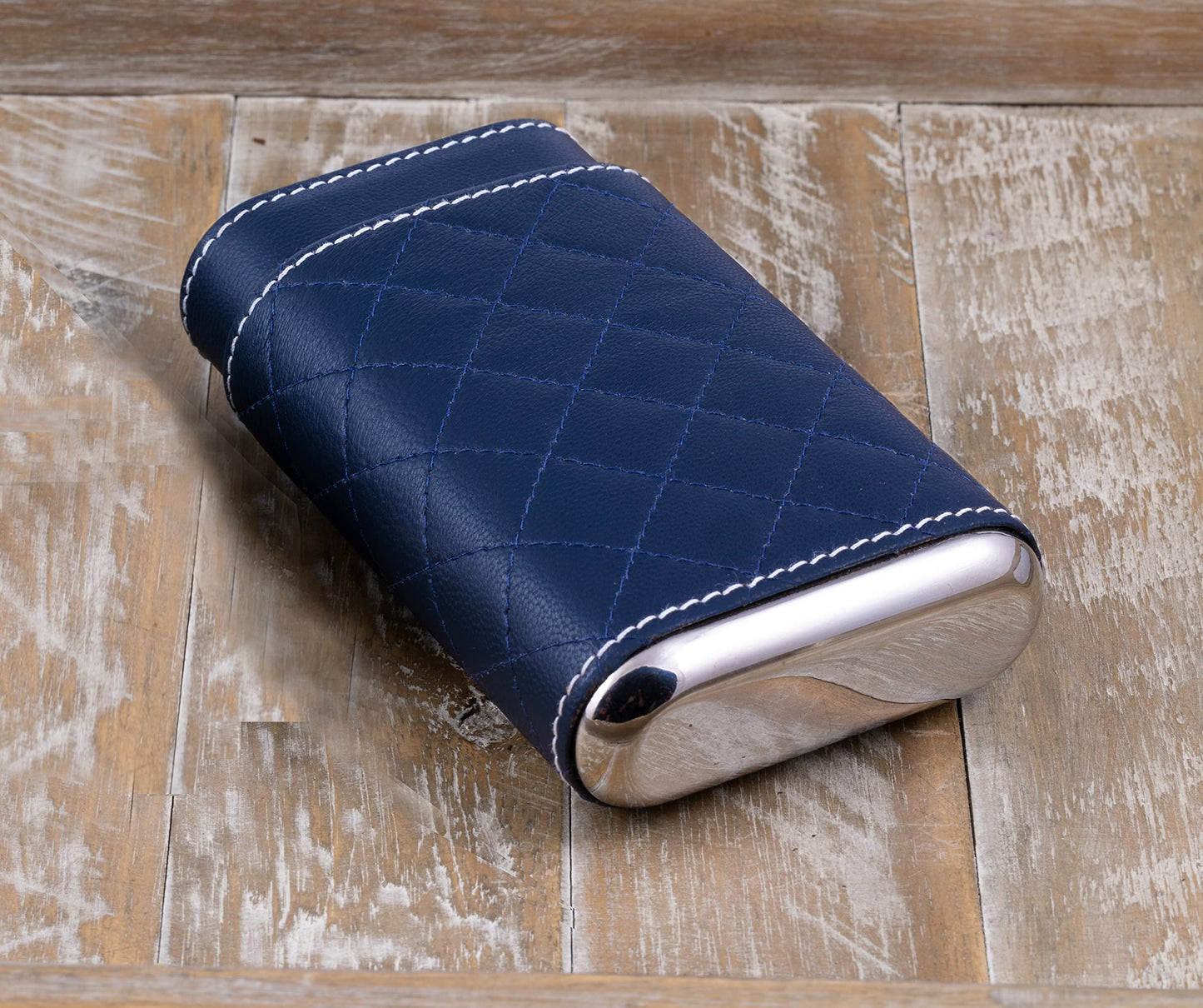 Prestige Import Group - 3 Cigar Holder Leather Diamond Pattern Stitch Style Cigar Travel Case - Blue