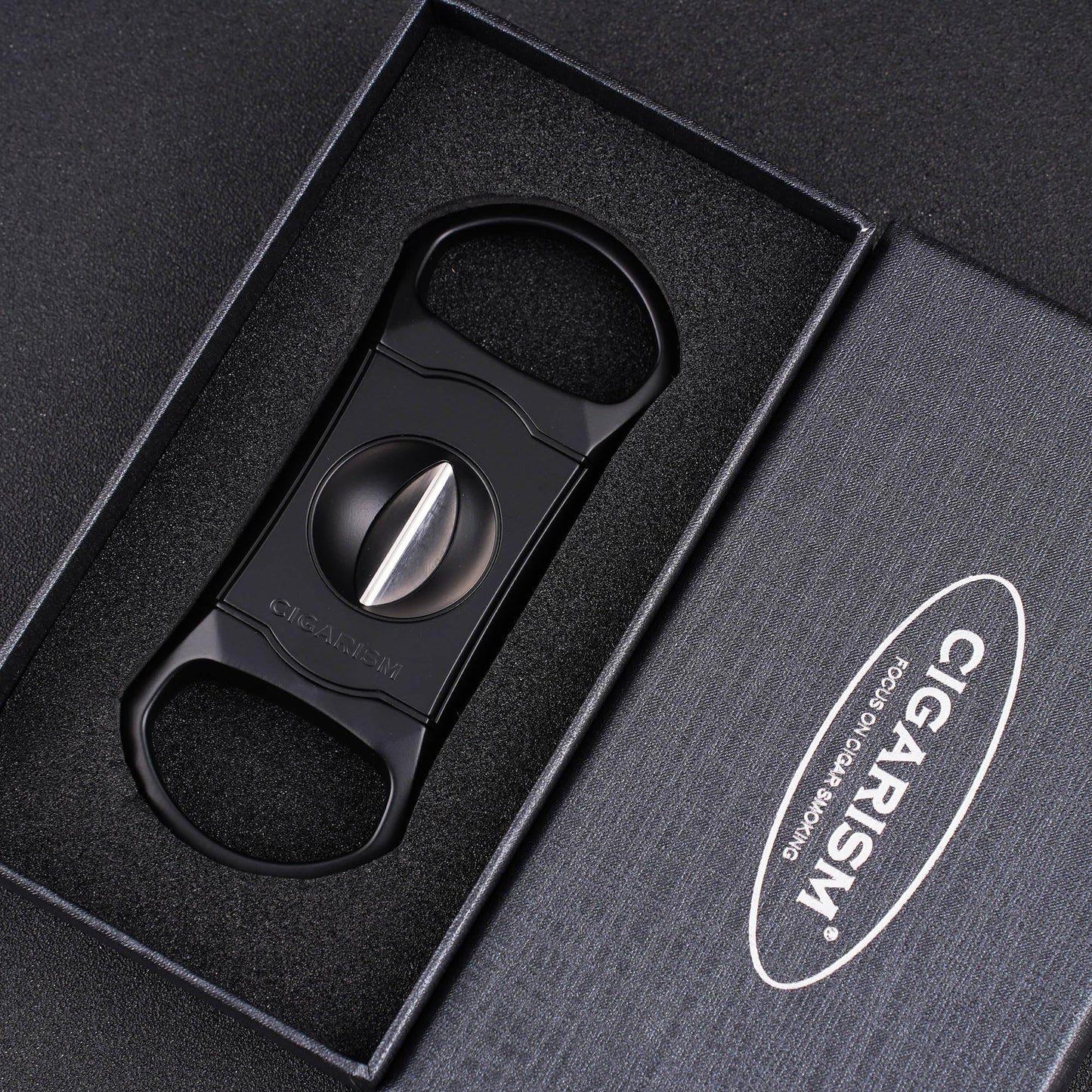CIGARISM V-Cut Cigar Cutter Stainless Steel Blade, Up to 60+ Ring Gauge in Leather Gift Case (Black)