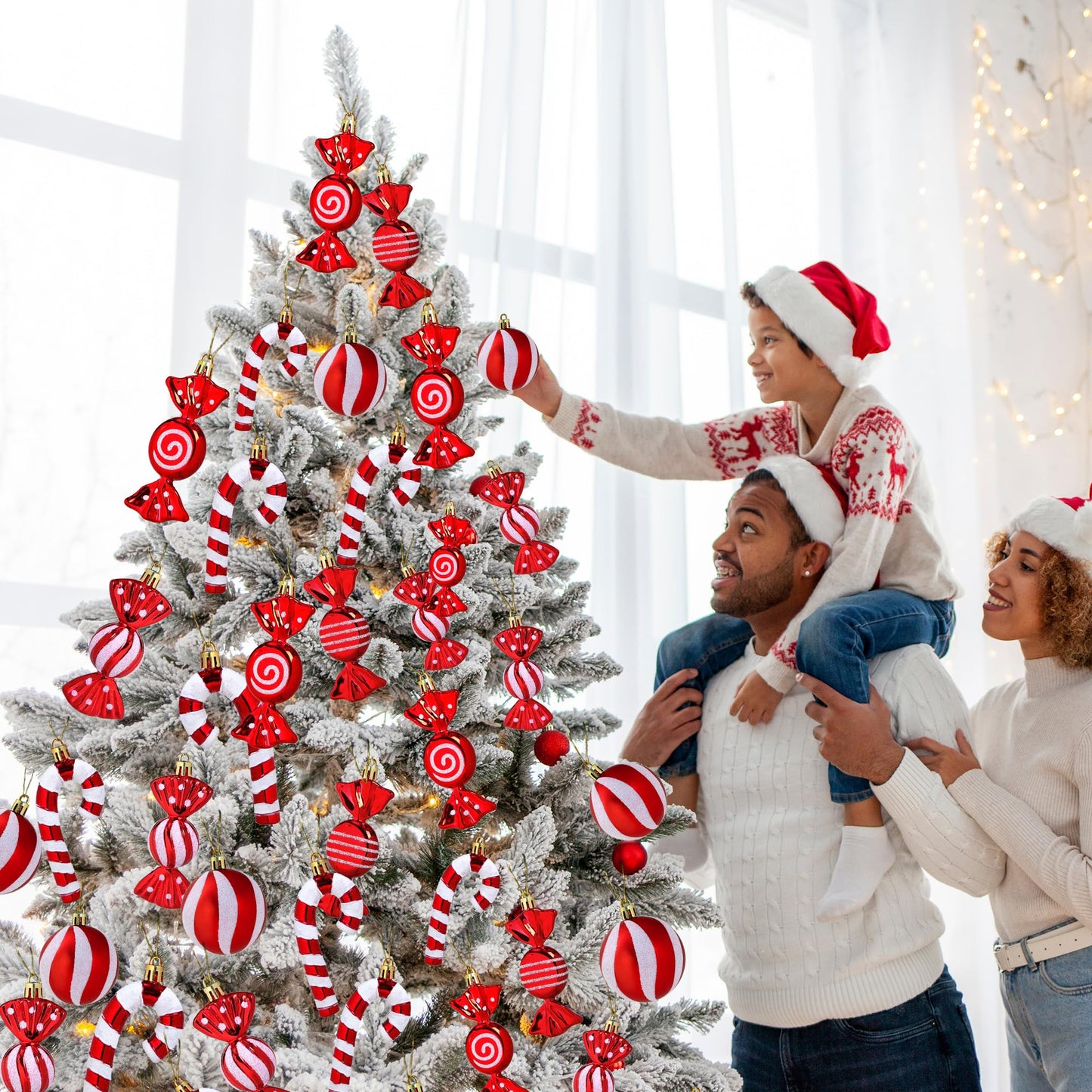 Christmas Candy Cane Lollipop Ornaments for Christmas Tree 30Pcs Xmas Plastic Peppermint Christmas Tree Hanging Ball Pendants for Xmas Party Indoor New Year Holiday Home Decorations (Red)