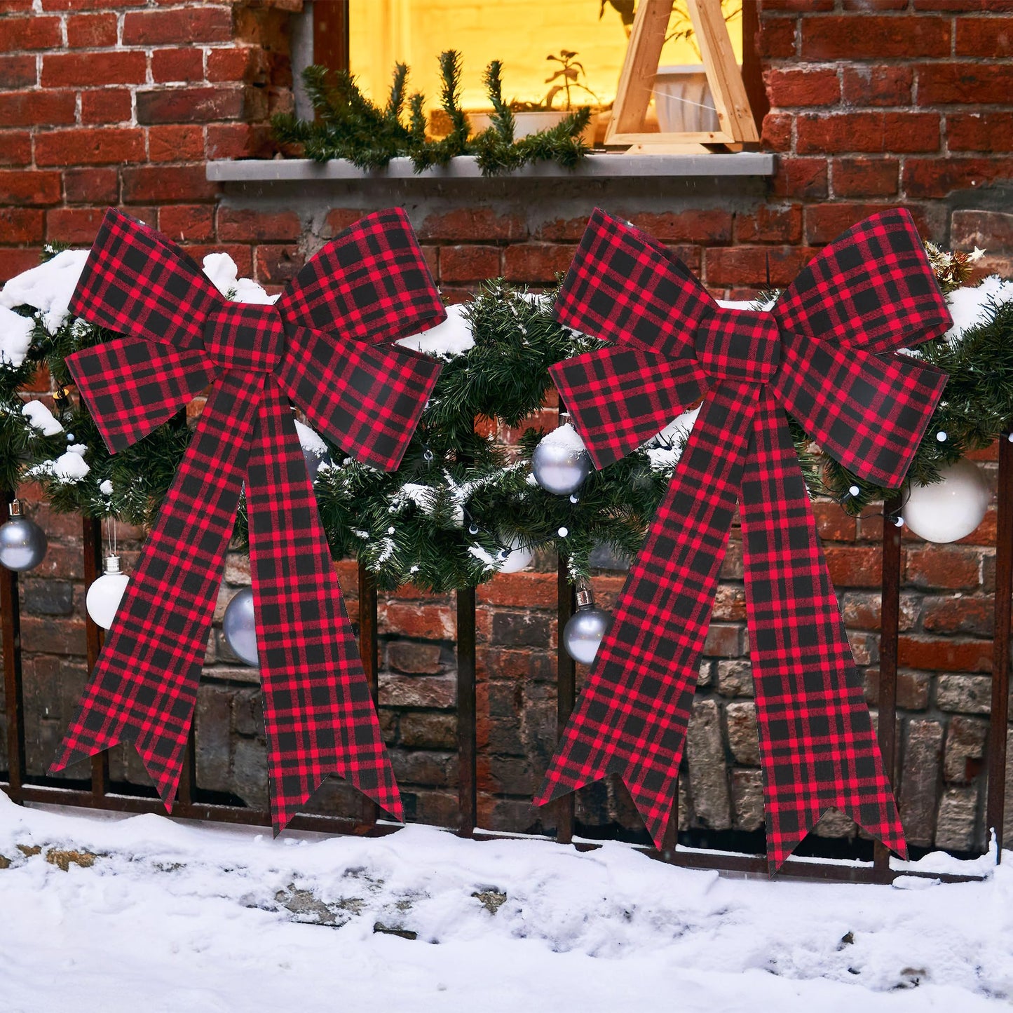1 PCS Christmas Bows, 16x24 In Large Christmas Tree Bows, Velvet Black Red Xmas Bows for Buffalo Plaid Christmas Tree Decorations Plastic Xmas Home Party Decor Supplies for Fence Railing Stairs Door