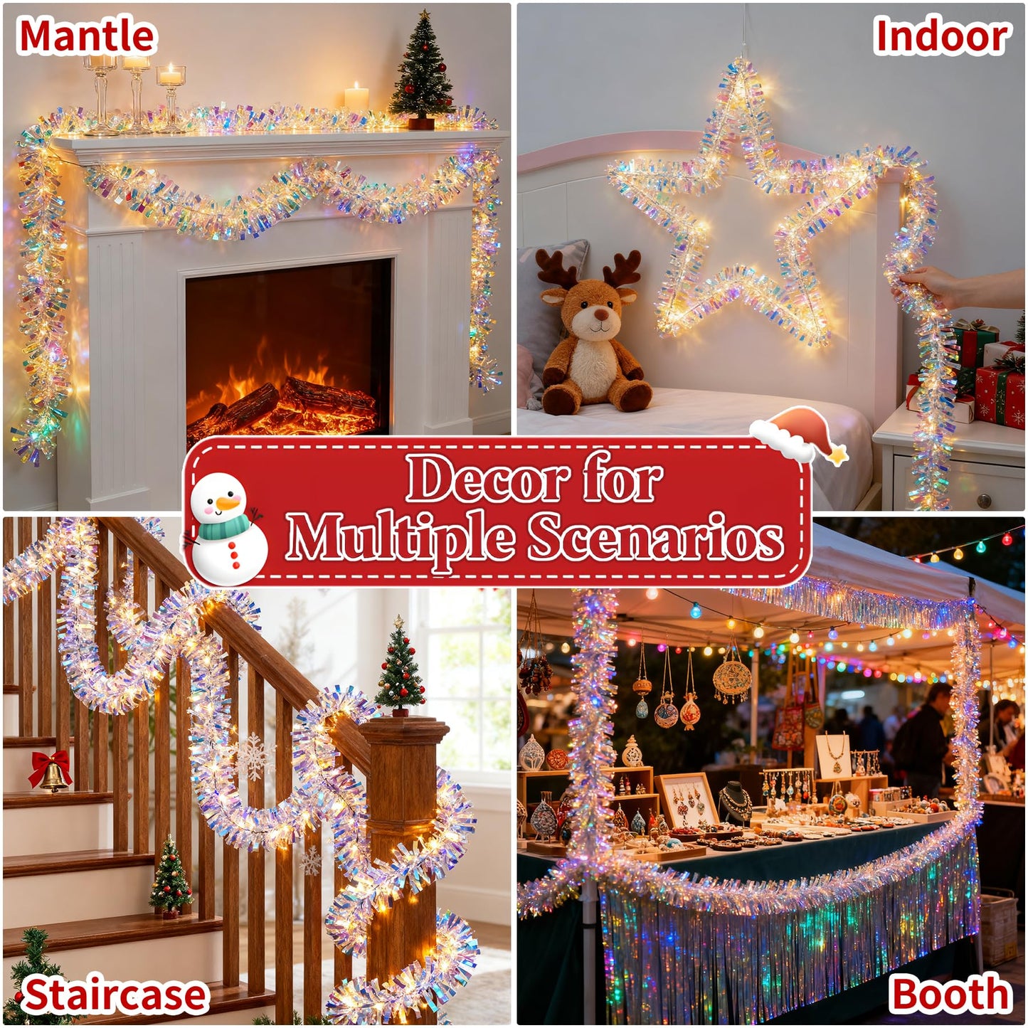 Christmas Garland with Lights, 6.5FT Iridescent Tinsel Garlands Battery Operated, Shiny Tinsel Foil Garland Indoor Hanging Home Decor, Garland for Wedding Birthday Holiday New Years Eve Party Supplies