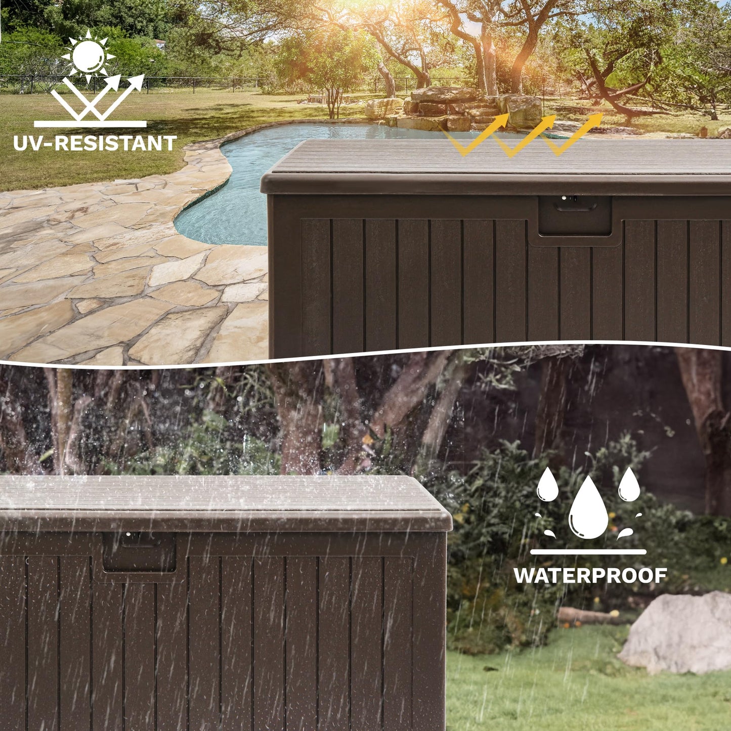 DWVO 150 Gallon Double-Wall Deck Box, XL Large Resin Outdoor Storage Box, Lockable & Waterproof, Double as Seating, 1000lbs Capacity (Brown)