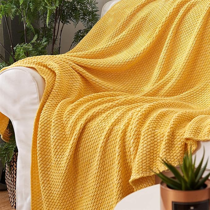 Longhui bedding Bright Yellow Knitted Throw Blanket for Couch, Soft, Cozy Machine Washable 100% Cotton Sofa Knit Blankets, Heavy 3.0lb Weight, 51 x 63 Inches, Yellow and White Color