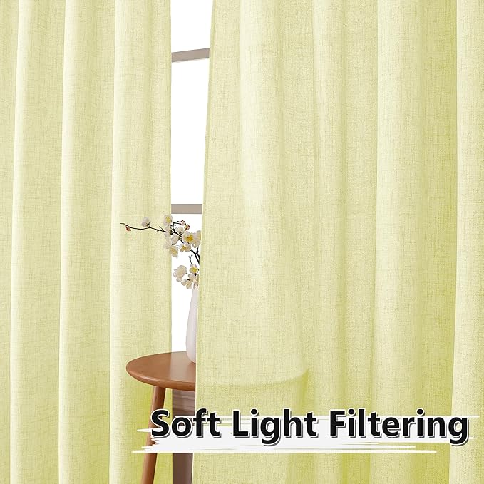 Tollpiz Short Linen Curtain Living Room Rod Pocket Semi Sheer Curtains Burlap Light Filtering Thick Linen Drape for Bedroom, 54 x 45 inches Long, Cream Yellow, Set of 2 Panels