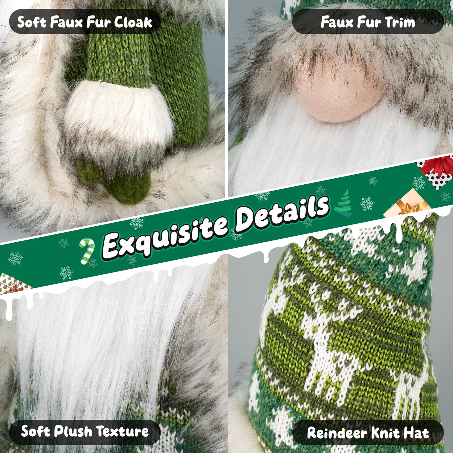 TACROART Gnome Christmas Decorations - Plush Nordic Figurine with Green Reindeer Knit Hat & Faux Fur Cloak, Rustic Tabletop Holiday Gnome Decor for Mantel, Shelf, or Gift Idea