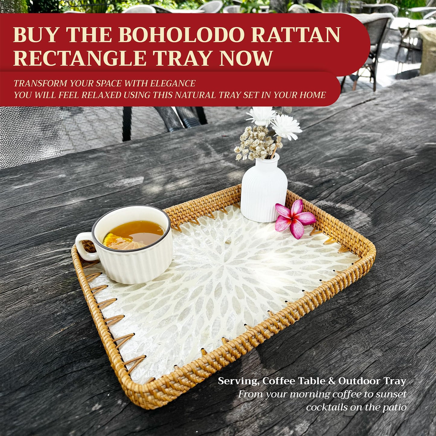 Rattan Tray Rectangle with Mother of Pearl – Unique Decorative Rattan Serving Tray for Food, Bread, Fruits, Snacks & Organizing Bathroom, Coffee Table – Christmas & Housewarming Gift (White 13.3"x9.4)