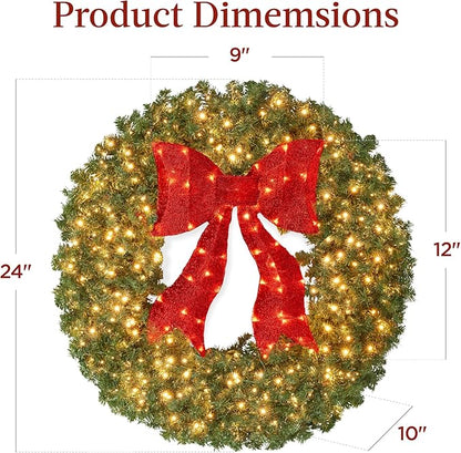 Best Choice Products 24in Large Artificial Pre-Lit Fir Christmas Wreath Holiday Accent Decoration for Door, Mantel w/Red Lighted Bow, 70 LED Lights, 100 PVC Tips, Battery Operated