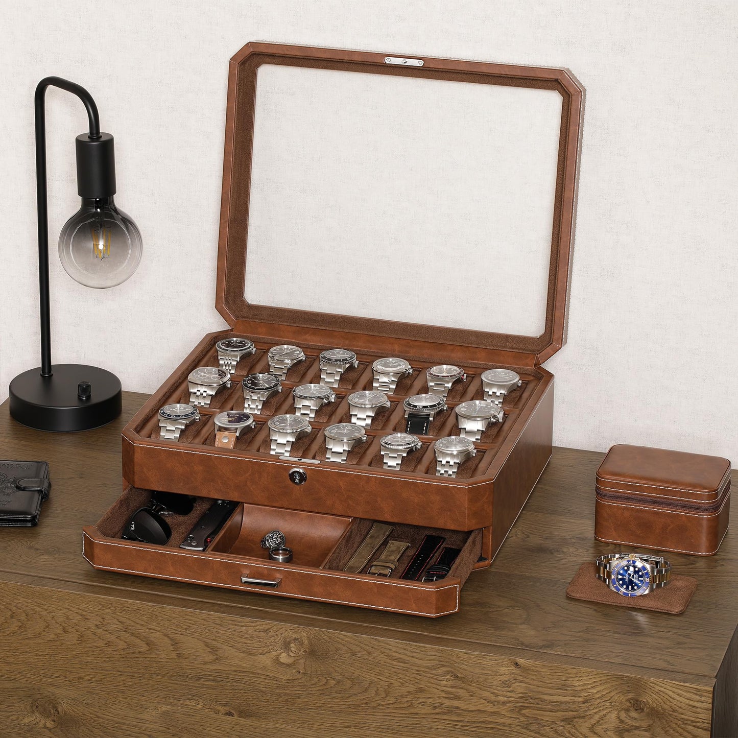 ROTHWELL 18-Slot Watch Case with Drawer – Luxury Watch Box for Men, Real Glass Top, Lockable, Display Case for Collections (Tan/Brown)