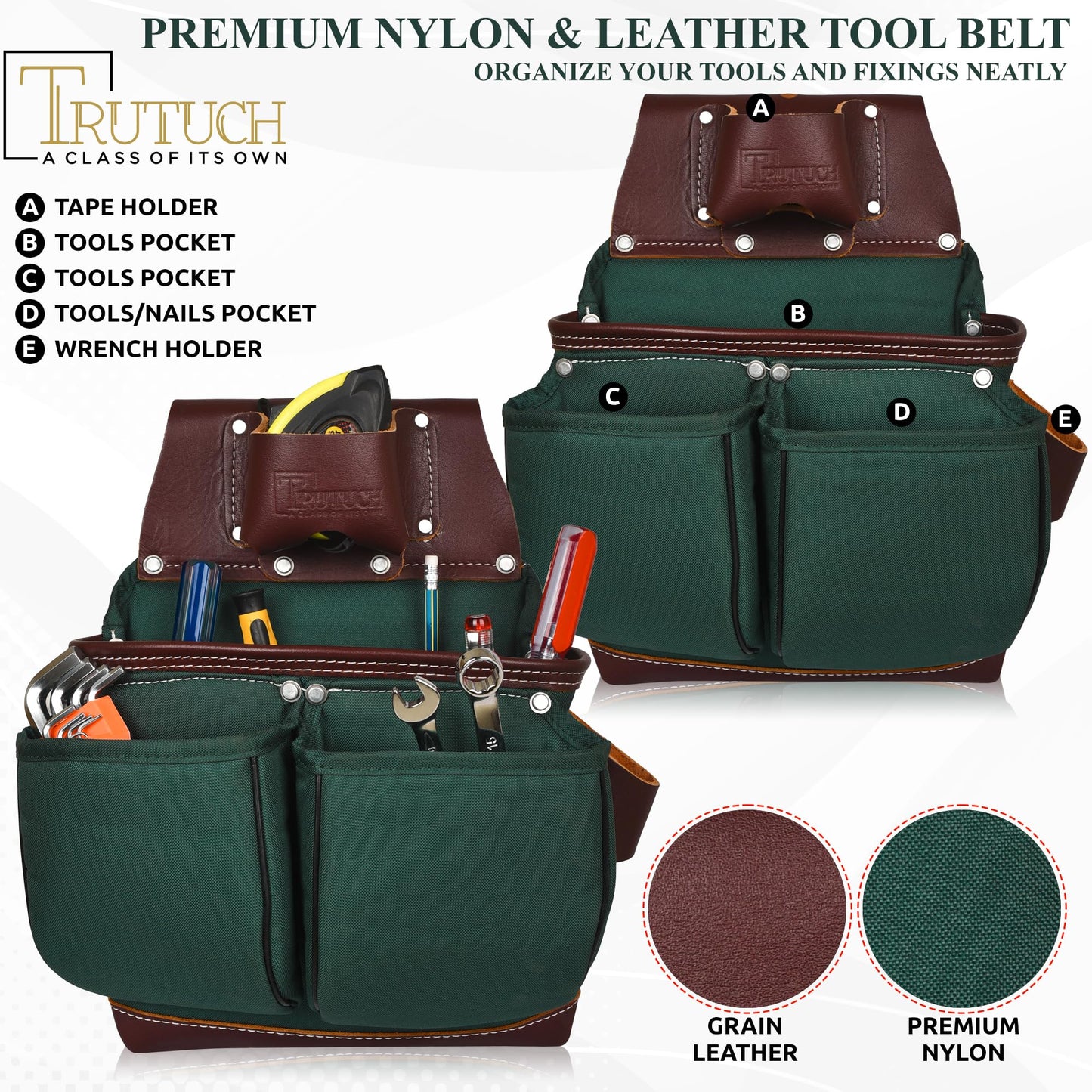 TRUTUCH Nylon and Leather Tool Belt | Framing Tool Bags/Pouch | for Carpenter, Construction, Framers & Electrician (Green)