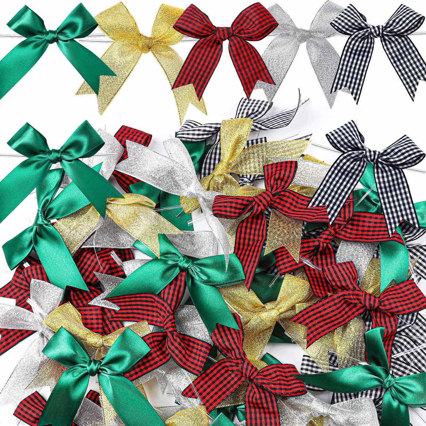 YGDZ Christmas Bows, 50 PCS Twist Tie Christmas Tree Bow, 3.3 Inch Buffalo Plaid Bows Glitter Gold Silver Bow for Crafts, for Christmas Decor, Gift Wrapping, Party