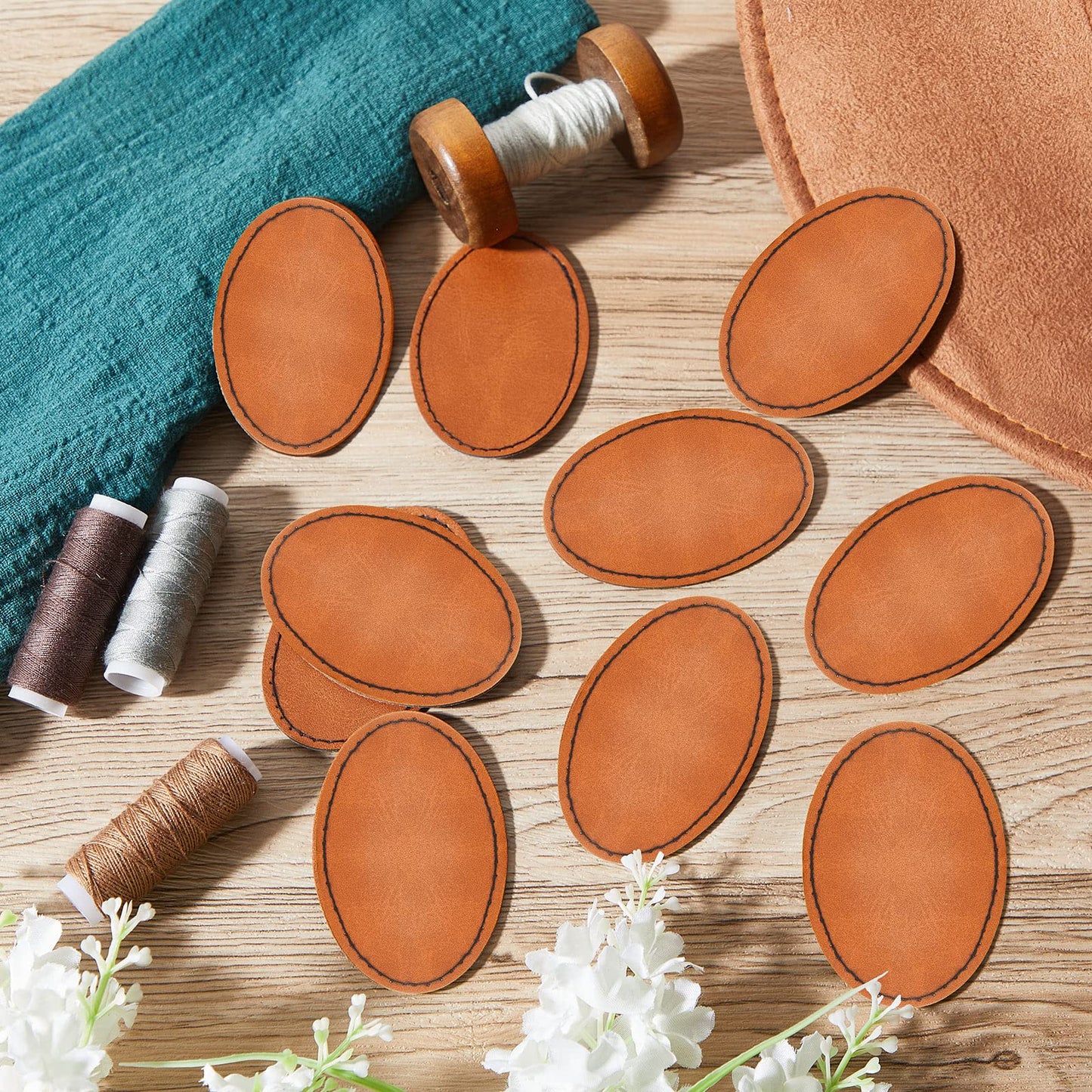 60 Pcs Blank Leatherette Hat Patches with Adhesive Oval Leatherette Rectangle Patch Faux Leather Patches for Hats Custom Fabric Repair Sew Laser Supplies, 3 x 2 Inches (Khaki)