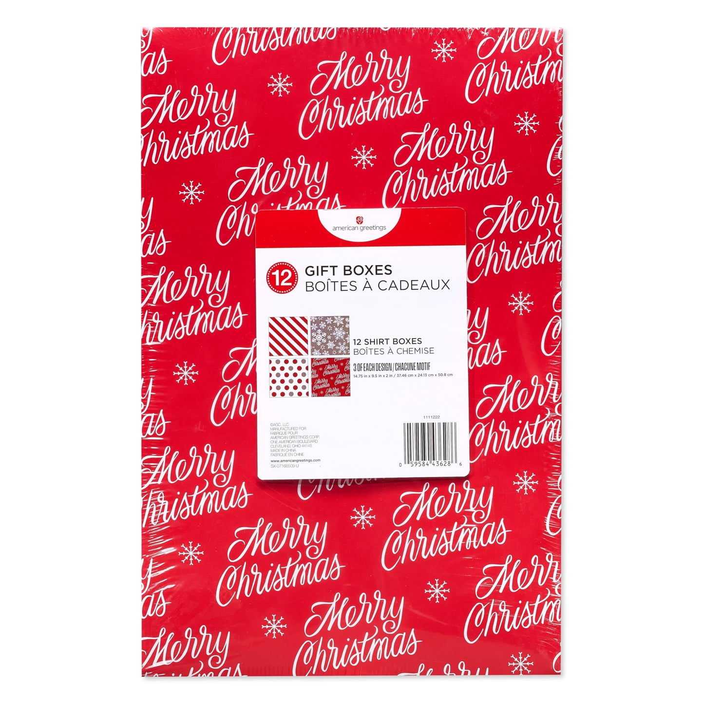 American Greetings Christmas Gift Boxes, Red, White and Silver Christmas Patterns (12-Boxes, 14.75 in. x 9.5 in.)