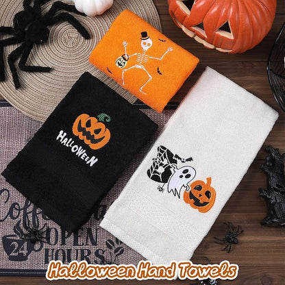 3 Pcs Halloween Hand Towels for Bathroom Embroidered Pumpkin Ghost Skull