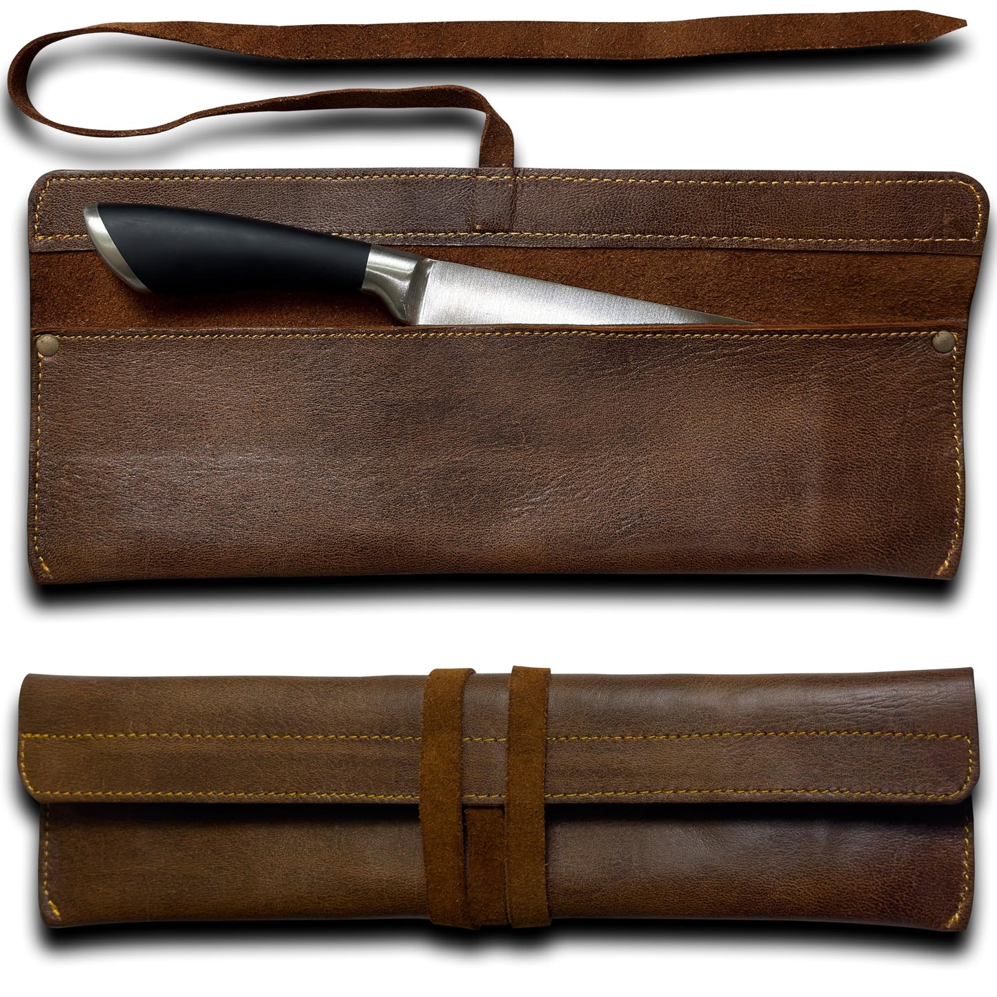 Leather Chef Knife Roll Bag – Single Slot Handmade Knife Sheath | Knife Wrap Case for Kitchen, Travel, BBQ & Camping | Cook & Butcher Knife Organizer | Chef Gift for Men & Women | Brown