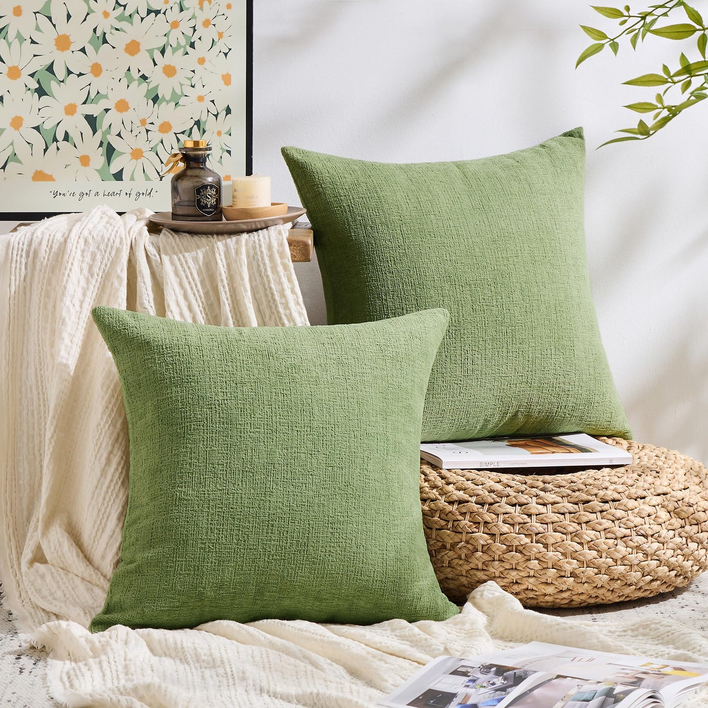 GAWAMAY Set of 2 Soft Textured Chenille Throw Pillow Covers 18x18 Inch (45x45 CM), Decorative Pillowcases Cushion Covers for Farmhouse Home Decor, Couch Living Room Sofa Bedroom Chair, Sage Green