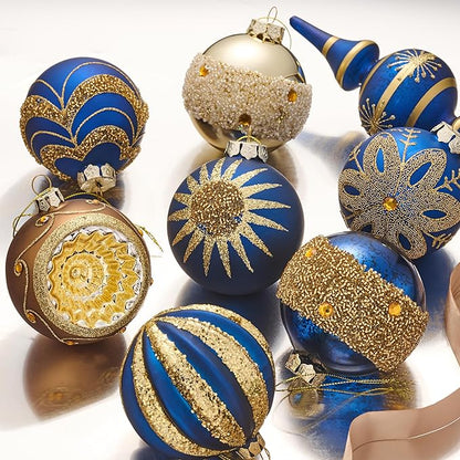 Valery Madelyn Glass Christmas Ornaments Set, 10ct Blue Gold Mercury Blown Glass Christmas Tree Ball Decorations, Luxury Hanging Teardrop Finial Faceted Reflector Decor