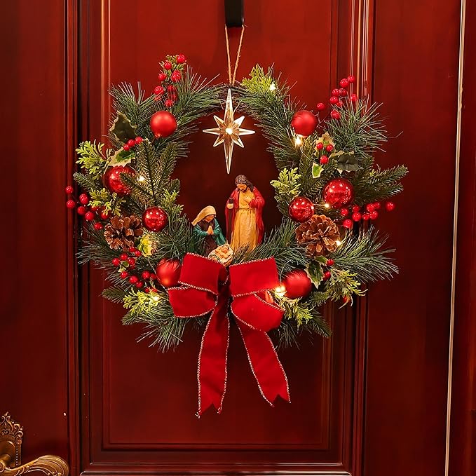 Moonet 19" Christmas Wreath with LED Lights Jesus Nativity Scene Garland for Home Hanging Ornament, Holiday Wreath with Lights for Front Door, Window, Fireplace