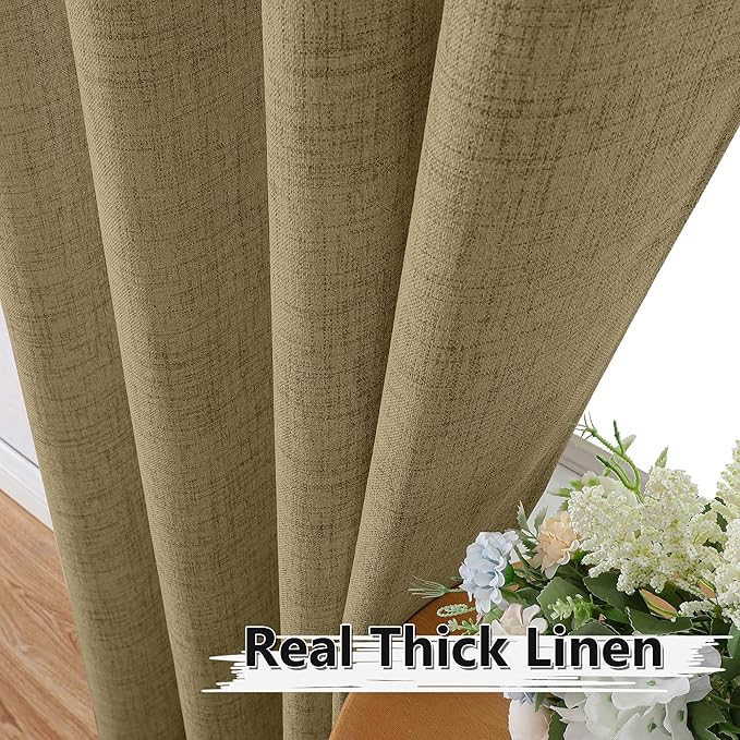 Tollpiz Linen Curtain Bedroom Rod Pocket Semi Sheer Curtains Burlap Light Filtering Thick Linen Drape for Living Room, 54 x 63 inches Long, Taupe, Set of 2 Panels