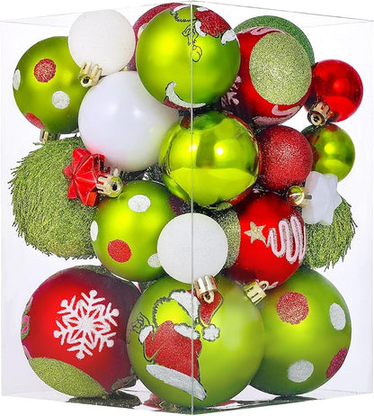 34 Pcs Christmas Ball Ornaments, Lime Green, Red and White Christmas Tree Decorations Set, Shatterproof Hanging Xmas Ornaments for Office Holiday Home with 7 Styles in 3 Sizes(Small Medium Large)