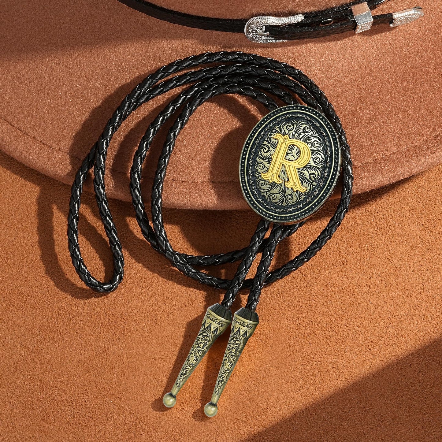 Sintcach Bolo Tie for Men Women, Western Cowboy Initial Letter Bolo Ties, Vintage Leather Necktie Western Accessories Cowboy Gifts, R