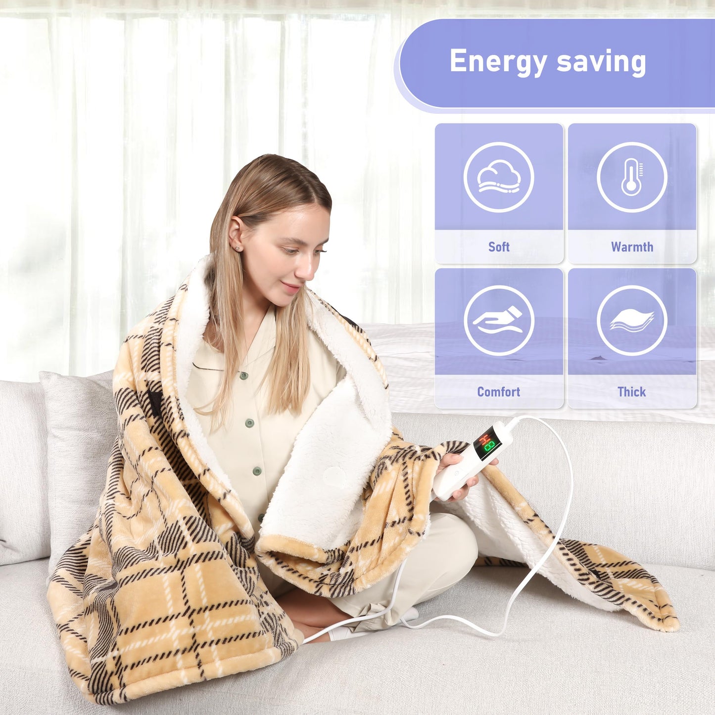 Electric Heated Blanket Queen Size 84''x90'' Soft Flannel & Sherpa Electric Blanket with 10 Heating Levels, Automatically Shut Down After 8h with Overheat Protection Machine Washable