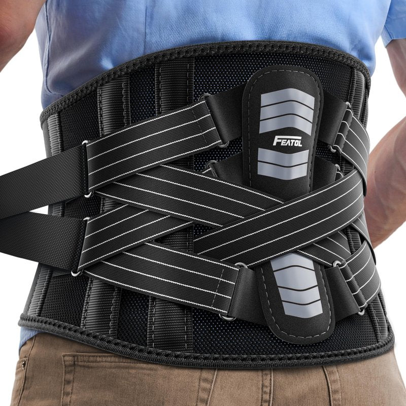 FEATOL Back Brace for Men Lower Back and Women, Removable Dual-Side Spine Lumbar Pad with Snug Fit, Adjustable Support Belt for Work, Gray, Size L 34.5-39"