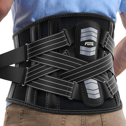FEATOL Back Brace for Men Lower Back and Women, Removable Dual-Side Spine Lumbar Pad with Snug Fit, Adjustable Support Belt for Work, Gray, Size L 34.5-39"