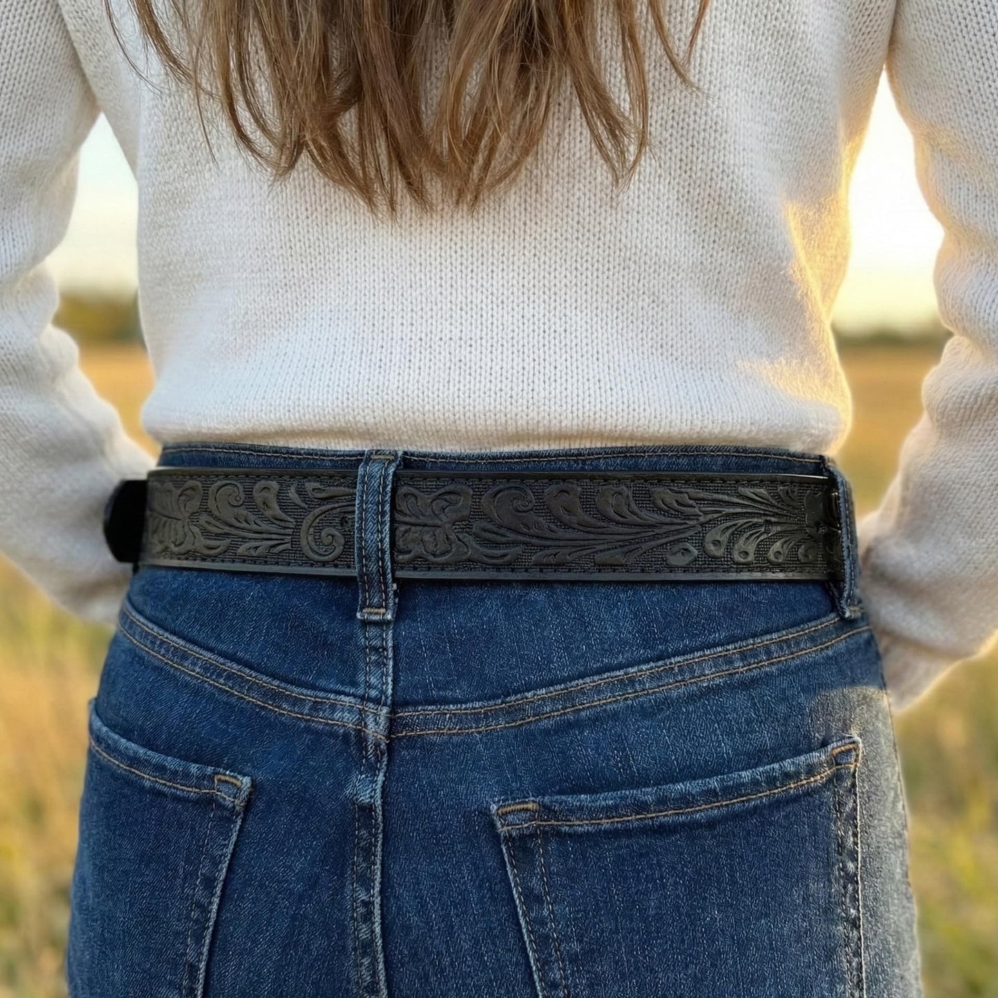BC Belts Womens Leather Belt Strap with Embossed Western Scrollwork 1.25" Wide with Snaps (Black-M)