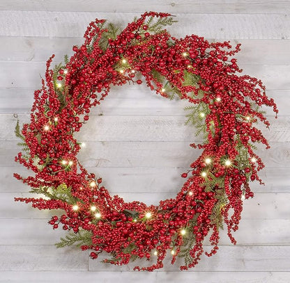 Red Co. 30” Light-Up Christmas Wreath with Red Cranberries, Battery-Operated LED Lights with Timer