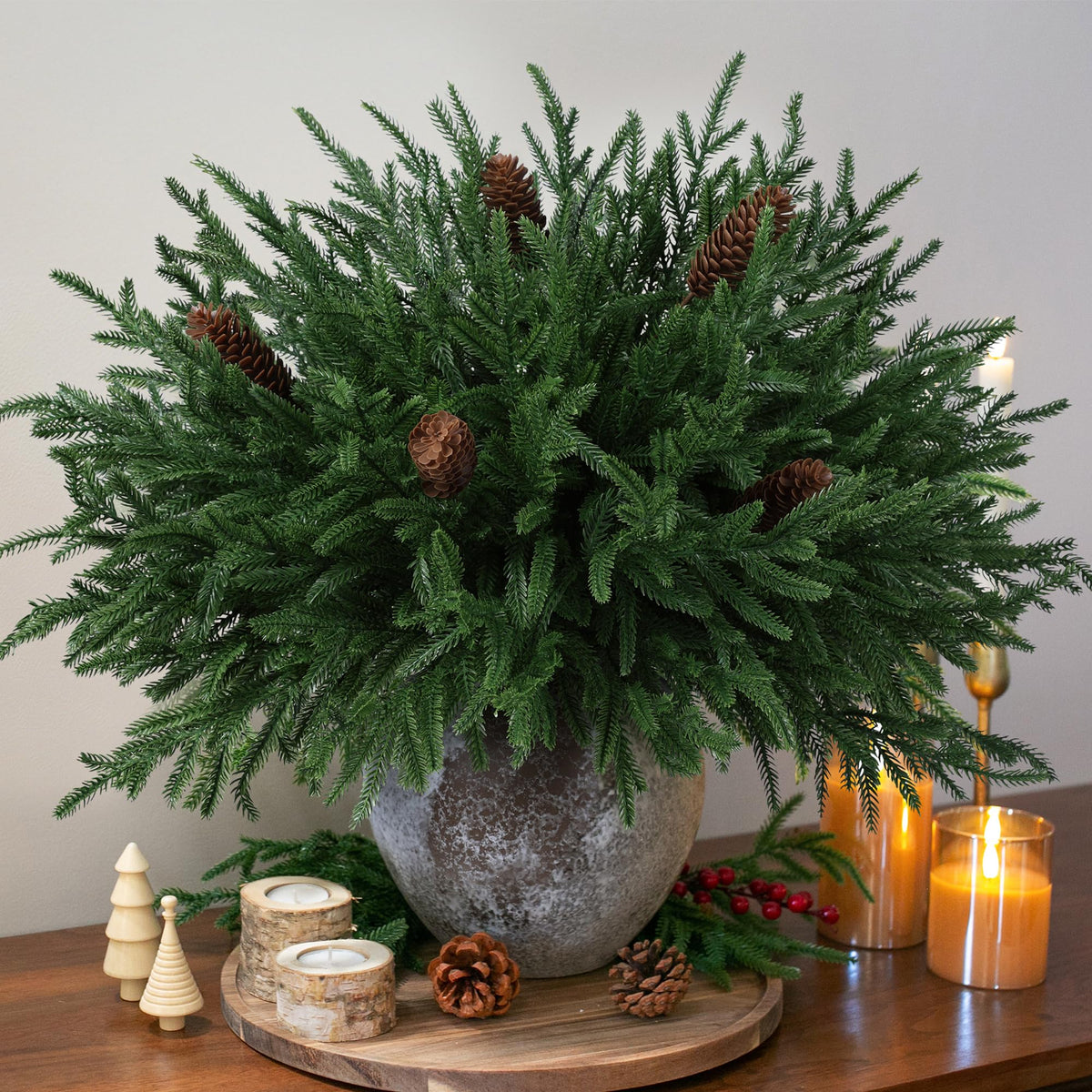HyeFlora 19 Inch Christmas Norfolk Pine Stems, 12PCS Real Touch Faux Cedar Pine with 5PCS Big Pine Cones Branches, Artificial DIY Greenery Stems Plastic Picks for Vase Indoor Outdoor Home Garden Décor
