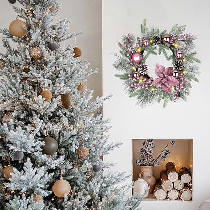 Pink Christmas Wreath 20 Inch Christmas Door Decorations Wreath Set of 2 with Christmas Balls, Pine Cones, Golden Twigs, Pine Needles and Silver Berries,Perfect for Front Door, Indoor Outdoor Use