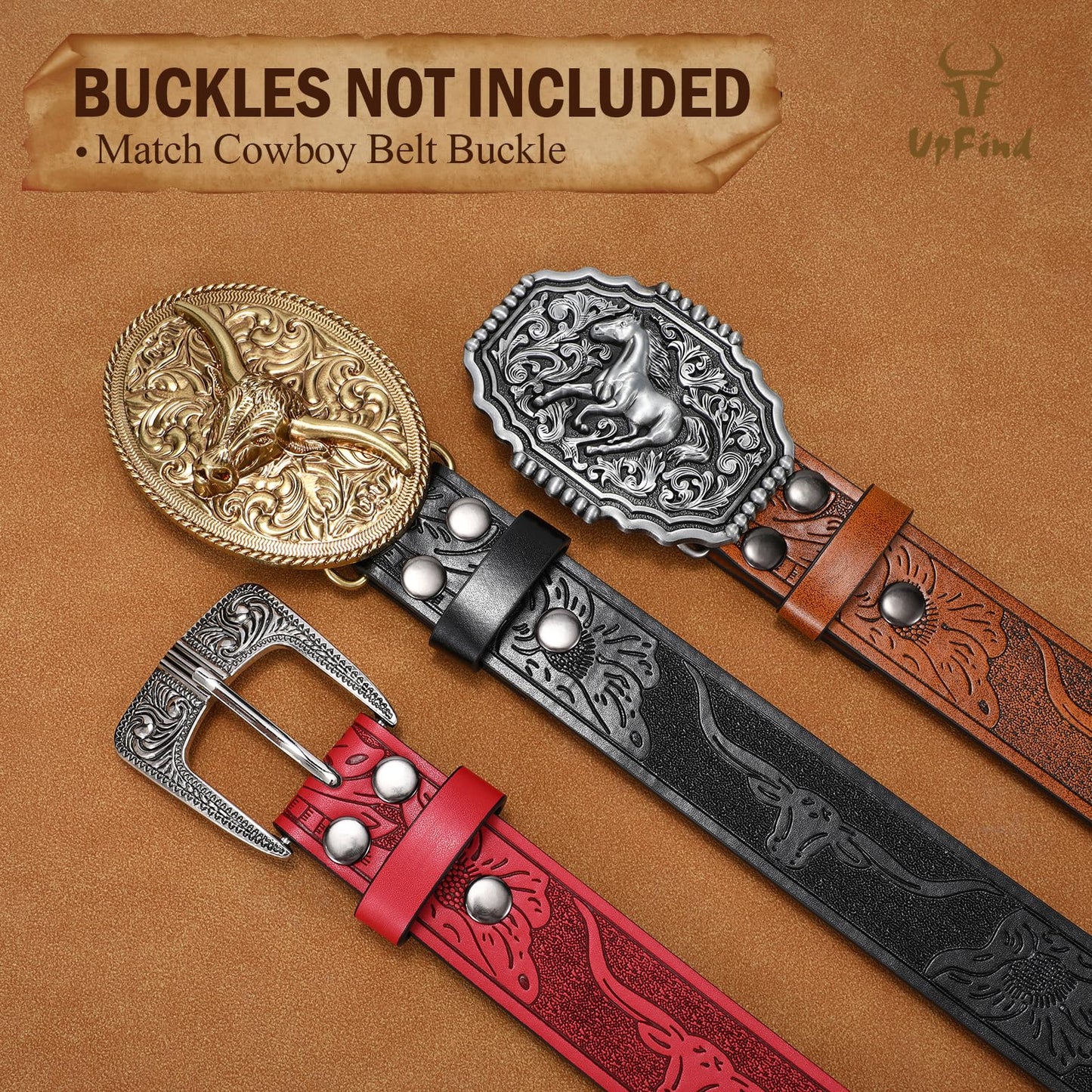 UpFind Western Leather Belt Strap without Buckle for Women Men Retro 1.5" Wide Floral Engraved Cowboy Cowgirl Belts for Jeans, Red