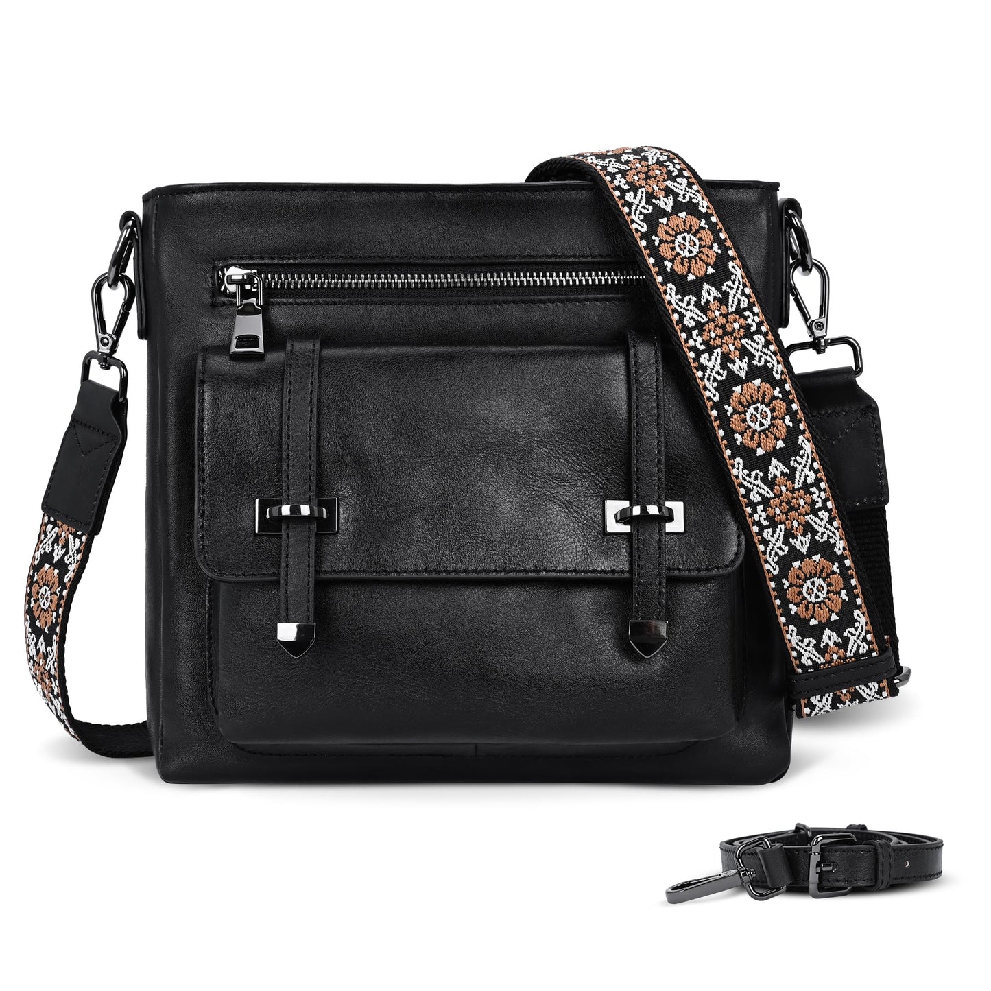 Iswee Soft Leather Crossbody Bags for Women Shoulder Handbags Multi Pocket Travel Purse with Adjustable Strap Medium Size (Black)