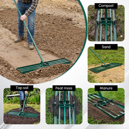 Gisafai Lawn Leveling Rake 30"x10" Heavy Duty Carbon Steel, 72" Adjustable Long Handle, Leveler Tool for Yard Garden Golf Course Soil Dirt Ground Surface Leveling