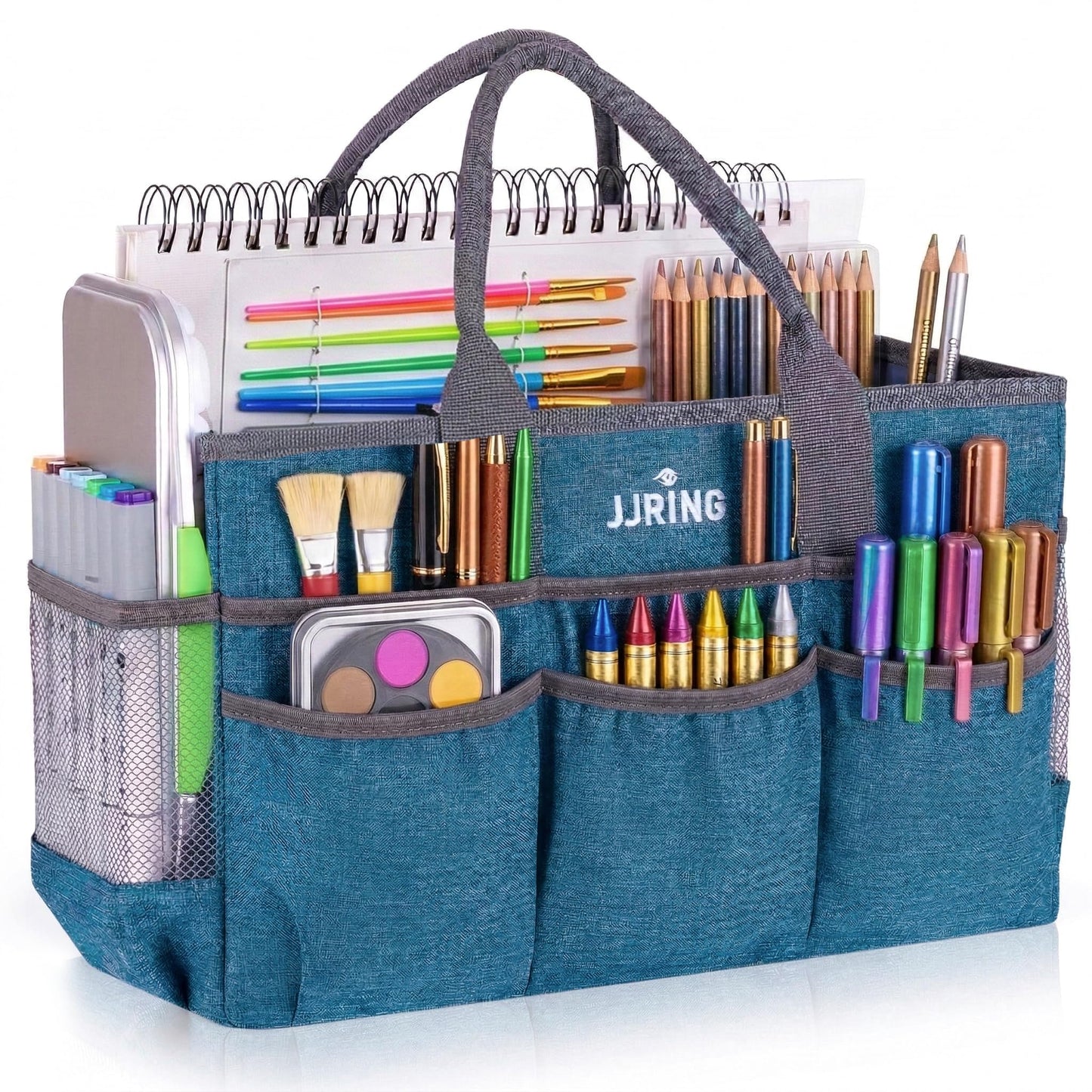 JJRING Large Art Supply Storage Tote Bag With 2 Mesh Side Pockets & Front Elastic Pockets – Sturdy Craft Organizer Caddy with Reinforced Bottom For Sewing, Scrapbooking, Teachers & Artists(Green)