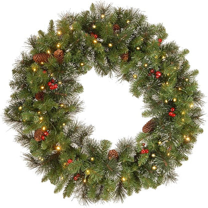National Tree Company Pre-Lit Artificial Christmas Wreath, Green, Carolina Pine, White Lights, Decorated with Pine Cones and Glitter, Berry Clusters, Christmas Collection, 30 Inches