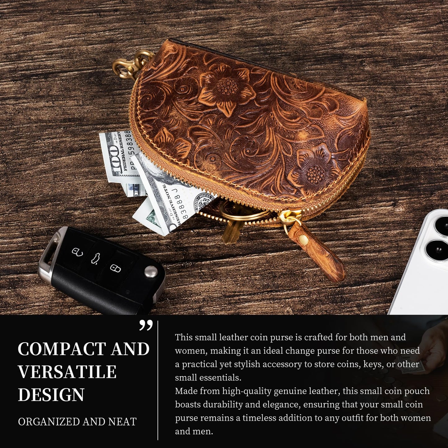 Gexmil Genuine Leather Coin Purse with Zipper, Full Grain Leather, Mini Coin Pouch for Women Men, Change Wallet,Floral Brown