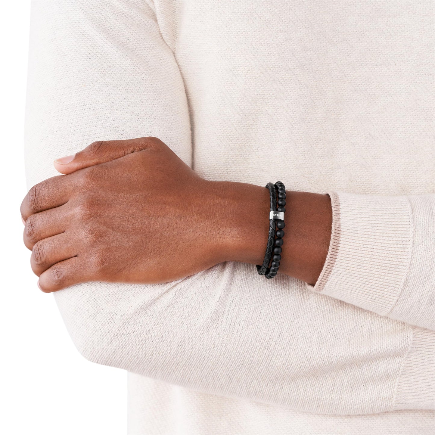 Fossil Men's Leather and Beaded Bracelet, Color: Black (Model: JF02763040)