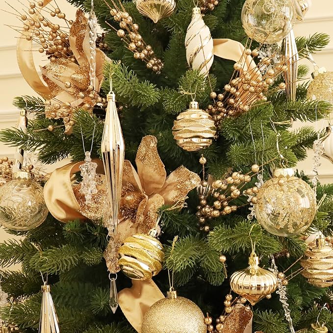 Christmas Ball Ornaments Set Shatterproof Christmas Tree Ornaments 24 PCS Painted Shaped Styles Xmas Tree for Holiday Decor,Champagne