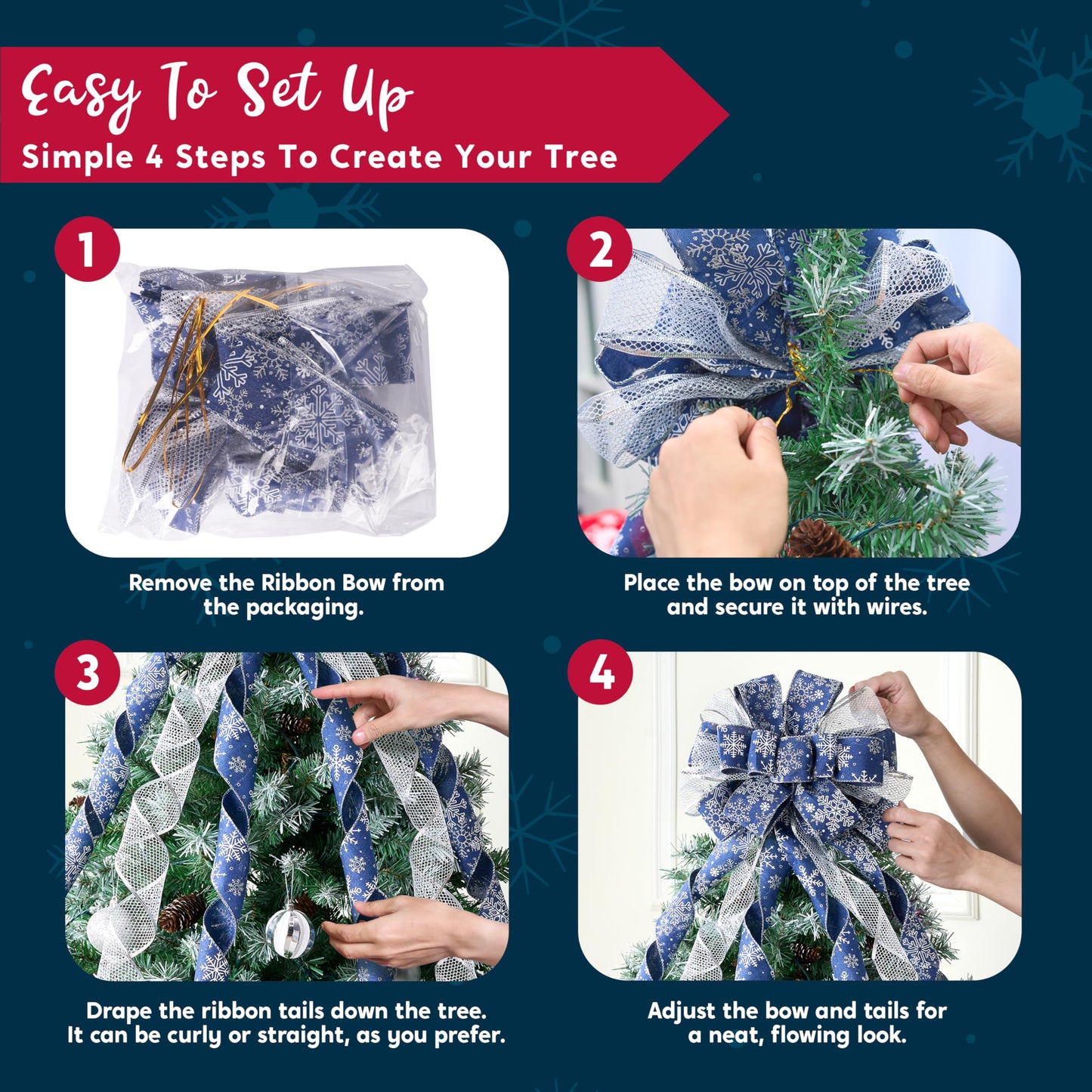JOIEDOMI 45 Inch Christmas Tree Topper Wreath Bow, Blue and Silver Ribbon Ornaments with Snowflakes and Glitter, Large Gift Decor for Xmas Holiday Themed Decoration Home Parties Wedding