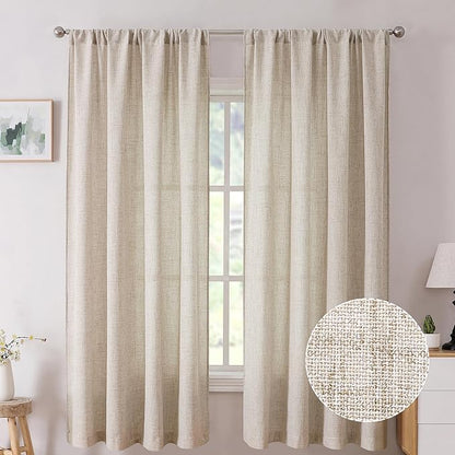 Tollpiz Short Linen Curtain Bedroom Rod Pocket Semi Sheer Curtains Burlap Light Filtering Thick Linen Drape for Living Room, 38 x 54 inches Long, Natural, Set of 2 Panels