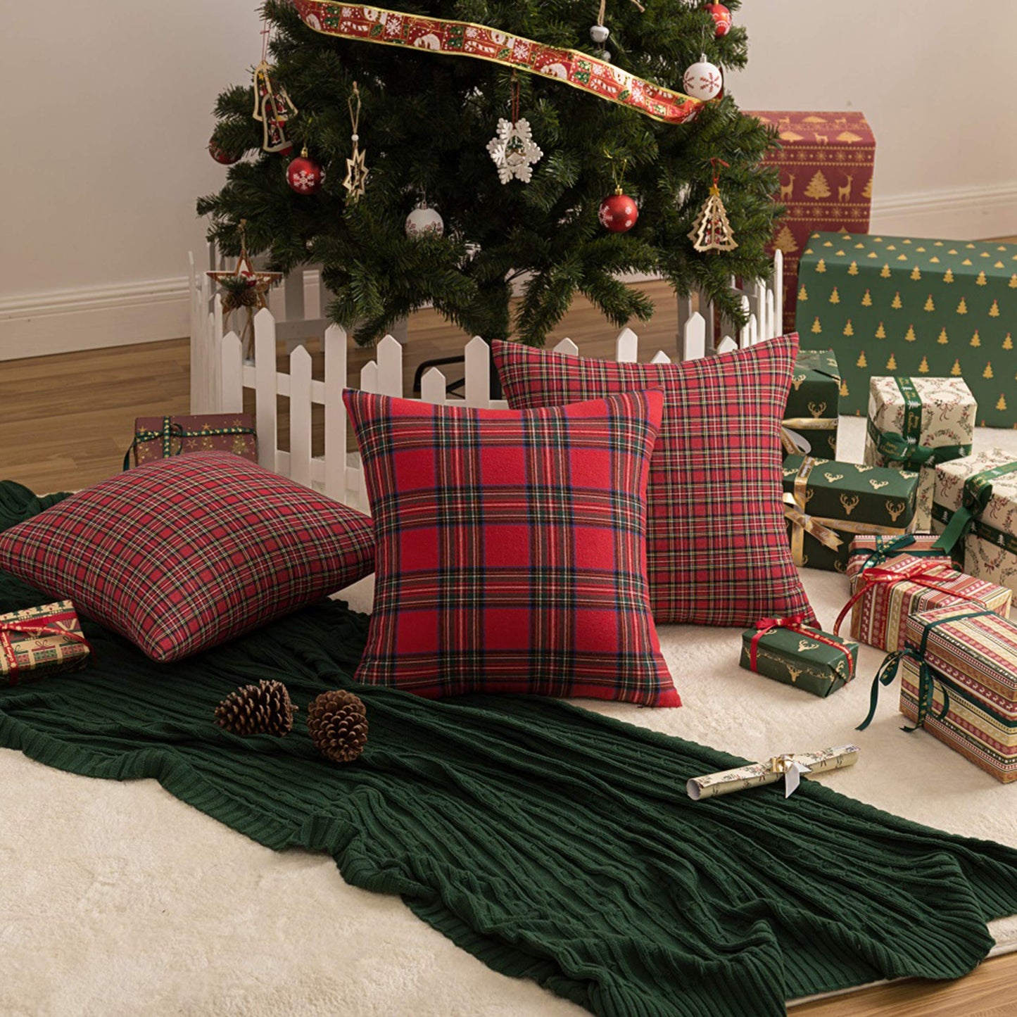 AQOTHES Pack of 2 Christmas Plaid Decorative Throw Pillow Covers Scottish Tartan Cushion Case for Farmhouse Home Holiday Decor Red and Green, 24 x 24 Inches