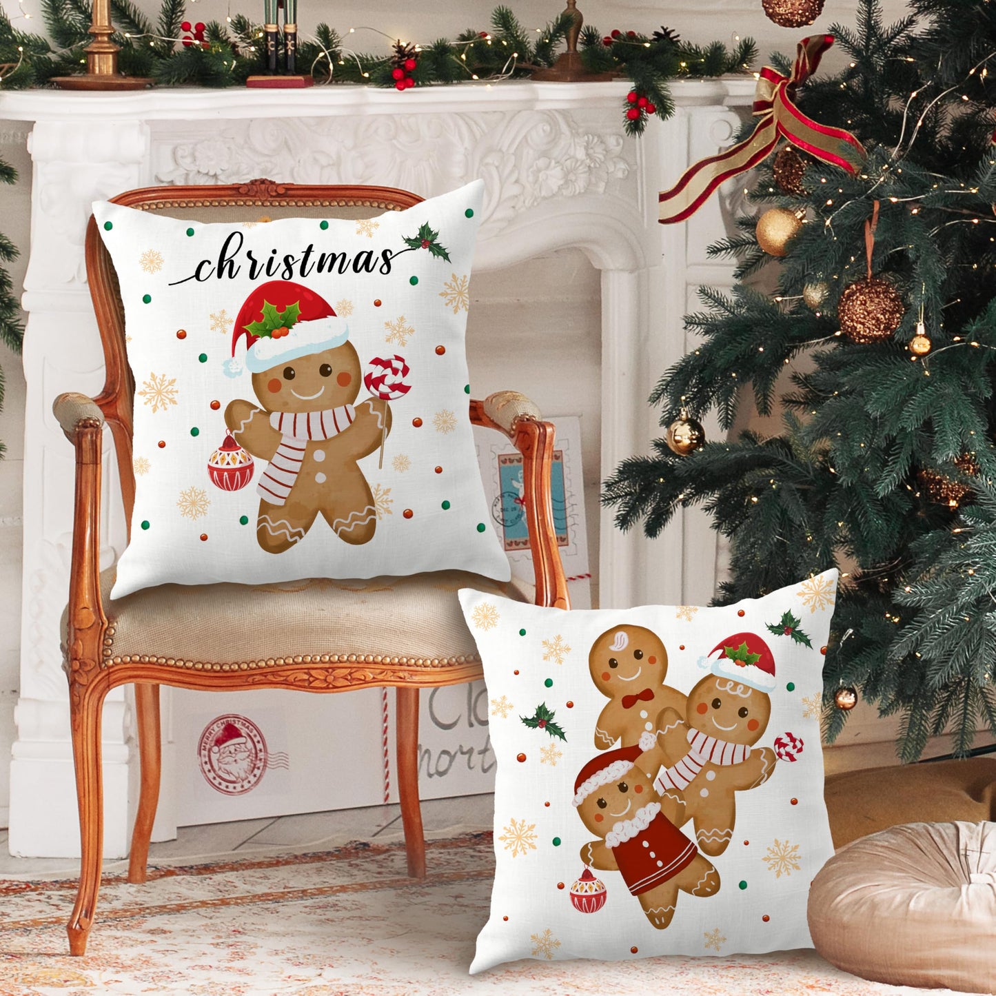 ROXMART Winter Christmas Gingerbread Pillow Covers 18x18 Set of 2, Gingerbread Christmas Decor, Holiday Winter Xmas Ginger Bread Decorative Pillow Covers for Couch Sofa Bedroom Living Room Home