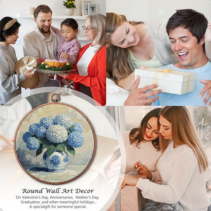 Threegoat Chinoiserie Spring Floral Framed Round Wall Art,Blue and White Hydrangea Flowers Wall Art Decor for Bedroom,Vintage Wall Hanging Decor for Grand Millenial Grandmillennial Home - A08