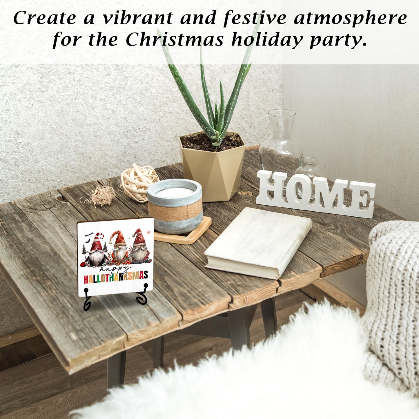 Cazhes Cute Christmas Gnomes Wooden Decor, Hallothanksmas Christmas Decorations for Home Bedroom, 5x5 Inches Xmas Decor with Iron Stand, Birthday New Year Gifts-G13