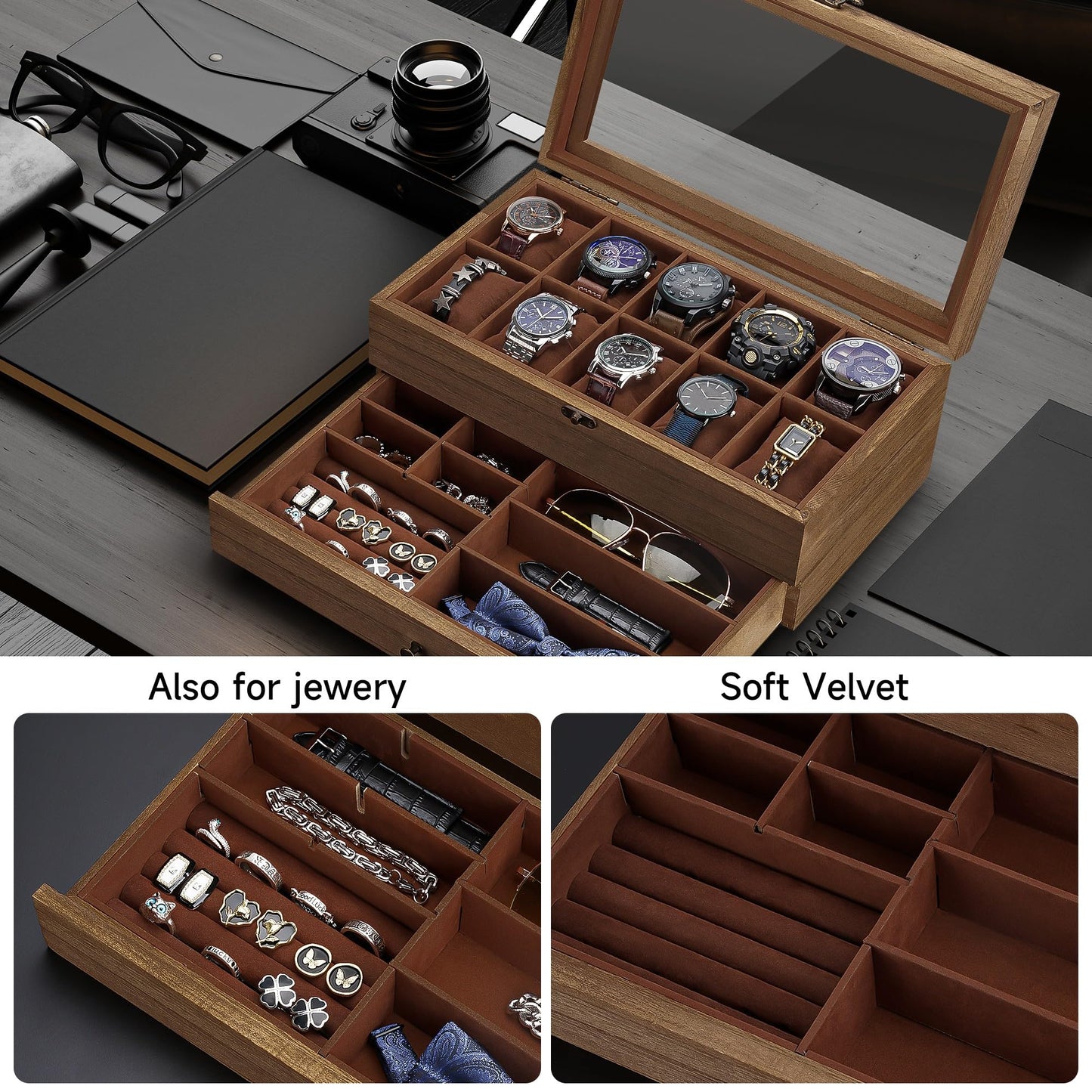 GALHUBIS Watch Box with 10 Slots, 2-Tier Watch Case for Large Dial Watches, Watch Display Case with Lid, Removable Watch Pillows, Gifts for Men Women, Watch Organizer with Drawer, Jewelry Box, Walnut
