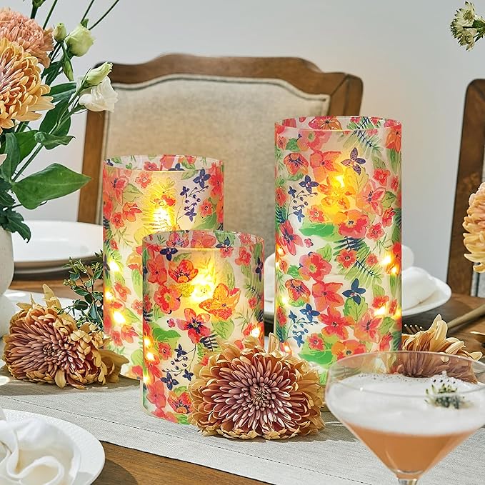 Flickering Flameless Candles Tropical Flower Print Embedded Star String Lights, Battery Operated Acrylic LED Pillar Candles with 11-Key Remote and Timer for Home Decoration, 3 Pack